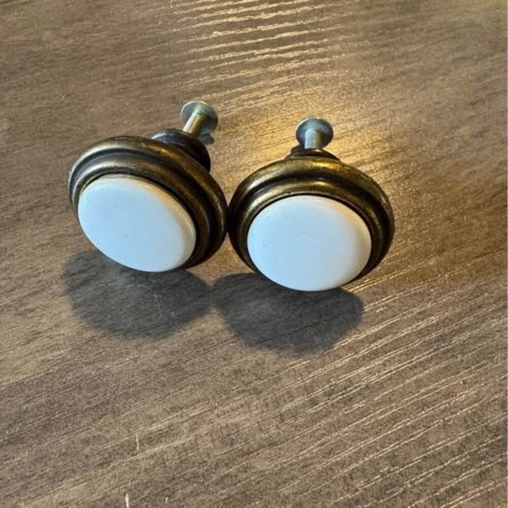 MCM Brass Cabinet Knobs with White Fronts – Set of 2